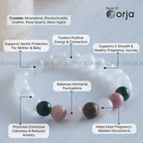 Crystal bracelet with labeled benefits on a light background, featuring the brand 'World of Orja'.