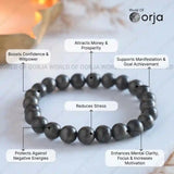 Black beaded bracelet with various benefits listed on a light background, branded 'World of Orja'.