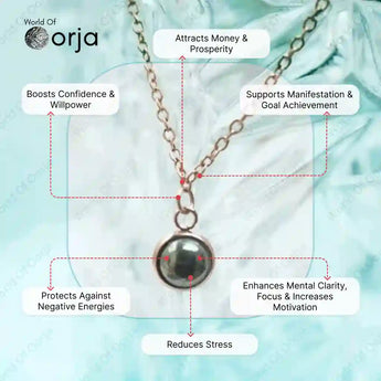 Necklace with a pendant on a light blue fabric background, featuring Orja brand.