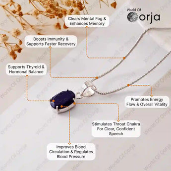 Silver necklace with a purple pendant on a textured surface, featuring Orja brand.