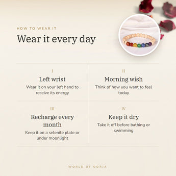 How to wear your 7 Chakra with Wooden Beads Bracelet – left wrist, morning wish, recharge on selenite or moonlight