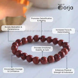 red beaded bracelet with various benefits listed on a light background, branded 'World of Orja'.