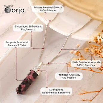 Necklace with a stone pendant on a light background, featuring Orja brand and its benefits.