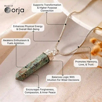 Crystal pendant necklace with text highlighting its benefits on a neutral background