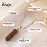 Wooden pendant necklace with text highlighting its benefits on a light background