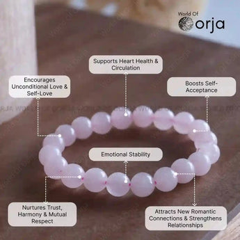 Pink beaded bracelet on a wooden surface with text highlighting its benefits, branded 'World of Orja'.