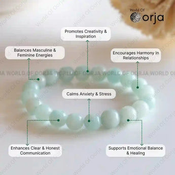 Light blue beaded bracelet with text highlighting its benefits on a light background