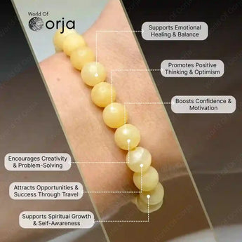 Yellow beaded bracelet on a wrist with text highlighting its benefits, branded 'World of Orja'.