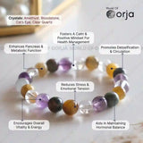 Crystal bracelet with labeled benefits on a light background, featuring the brand 'World of Orja'.