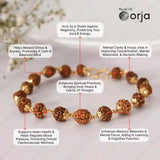 Bracelet with brown and gold beads on a light background, featuring text about its benefits.