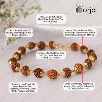 Bracelet with brown and gold beads on a light background, featuring text about its benefits.