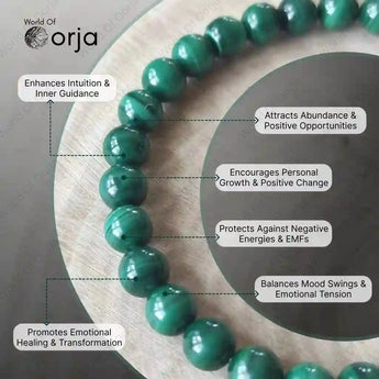 Green beaded bracelet on a wooden stand with Orja brand branding and benefits listed.