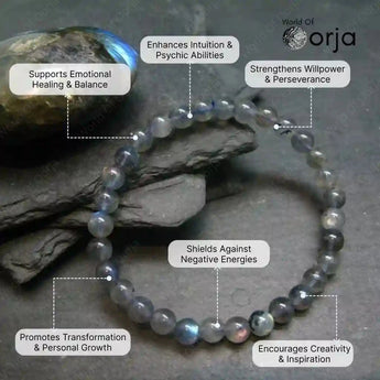 Gray beaded bracelet with text highlighting its benefits on a stone background, branded 'World of Orja'.