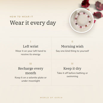 How to wear your Mulank 6 Bracelet – left wrist, morning wish, recharge on selenite or moonlight