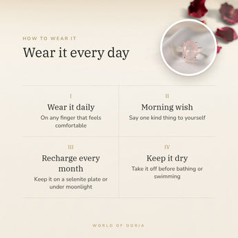 How to wear your Rose Quartz Ring – daily wear, morning wish, recharge on selenite or moonlight