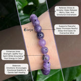 Purple beaded bracelet on a wrist with text highlighting its benefits, branded 'World of Orja'.