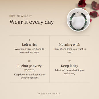 How to wear your Emerald Silver Bracelet (Panna) – left wrist, morning wish, recharge on selenite or moonlight