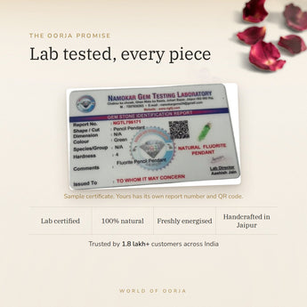 Fluorite Pencil Pendant lab certificate with QR code – The Oorja promise