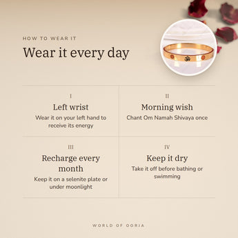 How to wear your Om 5 Mukhi Rudraksha Kada – left wrist, morning wish, recharge on selenite or moonlight