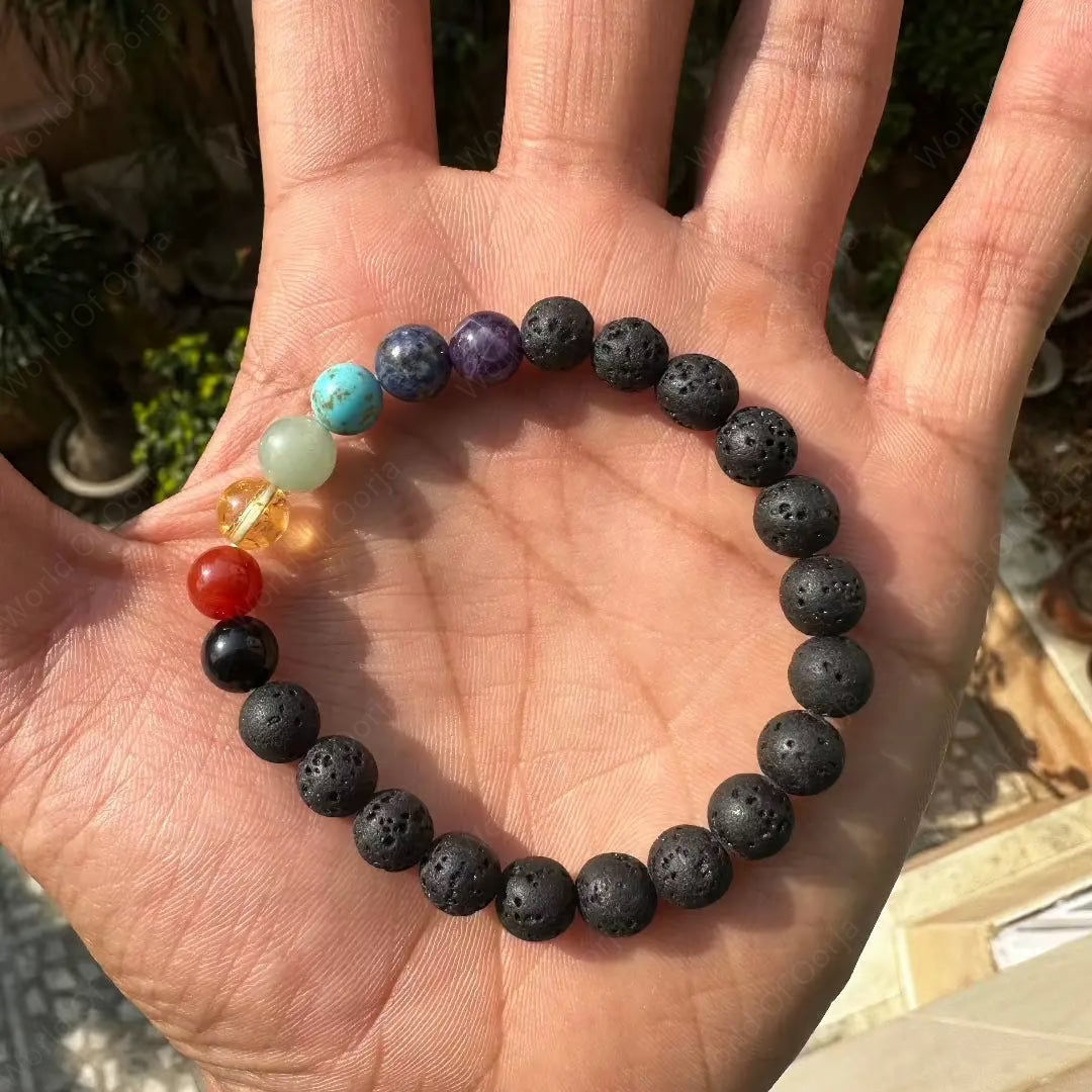 Bracciale Elastico In Pietre Naturali IBOWZ - Braccialetti Chakra Con Perle Di Lava Vulcanica E Finiture Oro, Diffusore Di Oli Essenziali Per Yoga