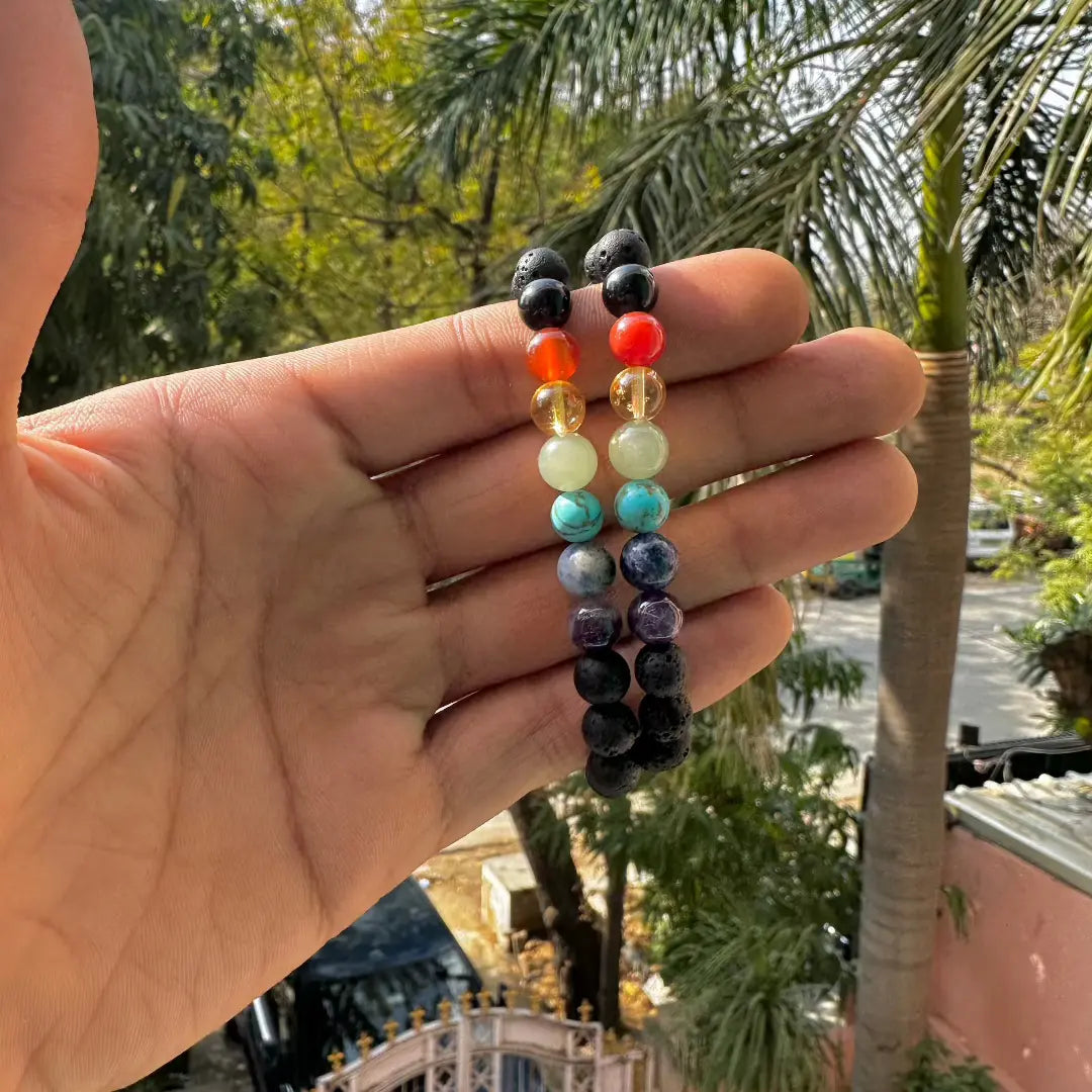 Lava Stone Chakra Bracelet - 7 Chakra Healing Bracelet With Tiger Eye & Agate - Essential Oil Diffuser
