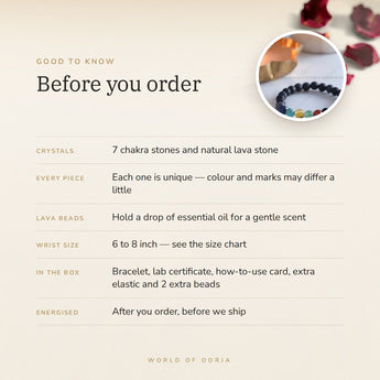 7 Chakra Lava bracelet – before you order: size, what is in the box, energised after order