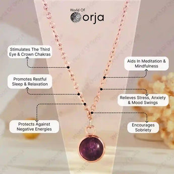 Orja necklace with purple pendant on a white background