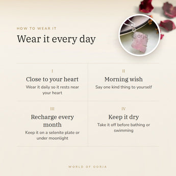 How to wear your Raw Rose Quartz Pendant – daily wear, morning wish, recharge on selenite or moonlight