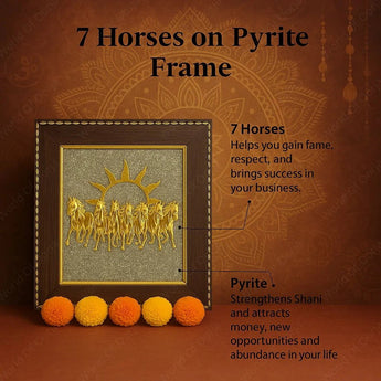 Decorative item with seven gold horses on a pyrite frame against a brown background.