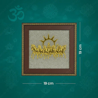 Decorative wall art with gold horses and sun design in a brown frame, on a green background with lotus patterns.