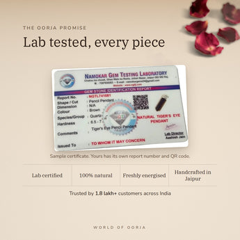 Tiger Eye Pencil Pendant lab certificate with QR code – The Oorja promise