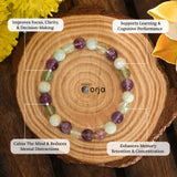 Focus & Memory Bracelet beaded with crystal beads and descriptive text on a wooden background