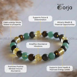 Beaded bracelet with labeled benefits on a neutral background, featuring the brand 'World of Orja'.