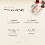 How to wear your Rose Quartz Chips Bracelet – left wrist, morning wish, recharge on selenite or moonlight
