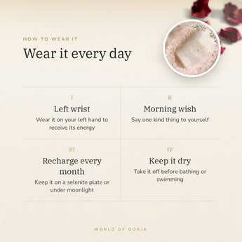 How to wear your Rose Quartz Chips Bracelet – left wrist, morning wish, recharge on selenite or moonlight