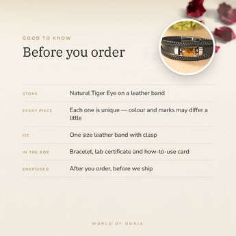 Tiger Eye Leather Bracelet – before you order: size, what is in the box, energised after order