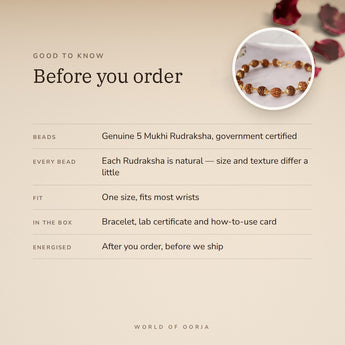 5 Mukhi Divine Rudraksha Bracelet – before you order: size, what is in the box, energised after order
