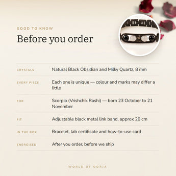 Scorpio Metal Zodiac Bracelet – before you order: size, what is in the box, energised after order