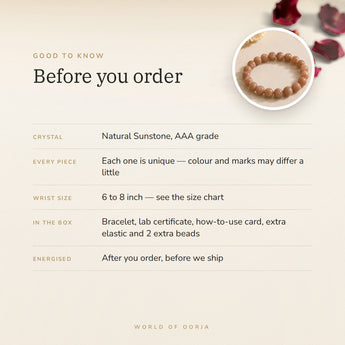Sunstone Bracelet – before you order: size, what is in the box, energised after order