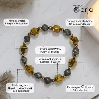 Bracelet with gold and gray beads on a white background, featuring Orja brand.
