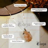 Necklace with a pendant on a white background, featuring text about its benefits.