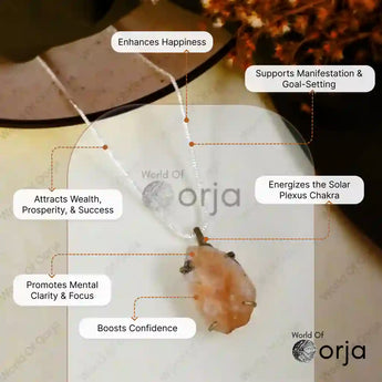 Necklace with a pendant on a white background, featuring text about its benefits.