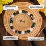 Relationship Bracelet beaded with crystal beads and descriptive text on a wooden background