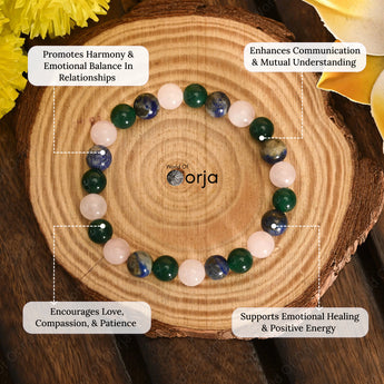 Relationship Bracelet beaded with crystal beads and descriptive text on a wooden background