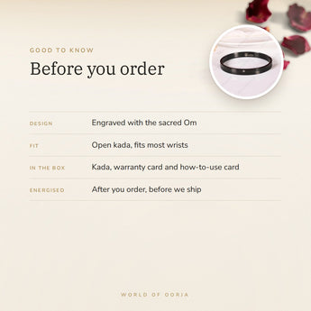 Om Kada Bracelet – before you order: size, what is in the box, energised after order