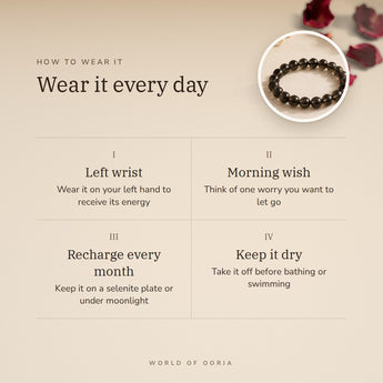 How to wear your Smoky Quartz Bracelet – left wrist, morning wish, recharge on selenite or moonlight