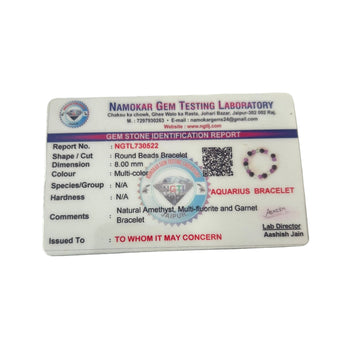 Gem Testing Laboratory certification for Aquarius Zodiac Bracelet on a white background