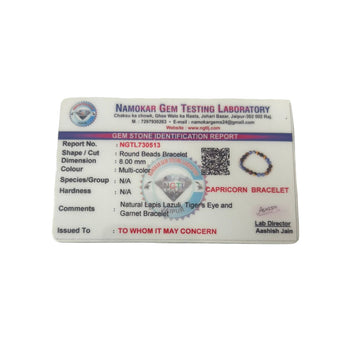 Gem Testing Laboratory certification for Capricorn Zodiac Bracelet on a white background
