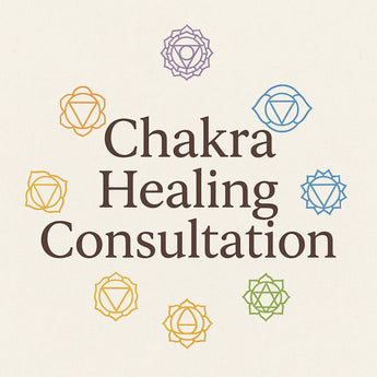 Chakra Healing Consultation logo with colorful chakra symbols on a beige background