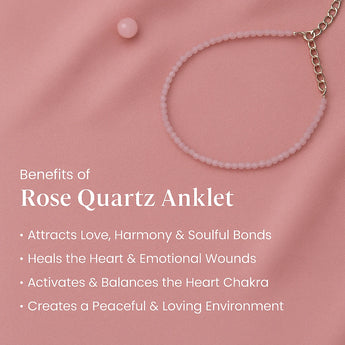 rose quartz anklet benefits on a pink background 